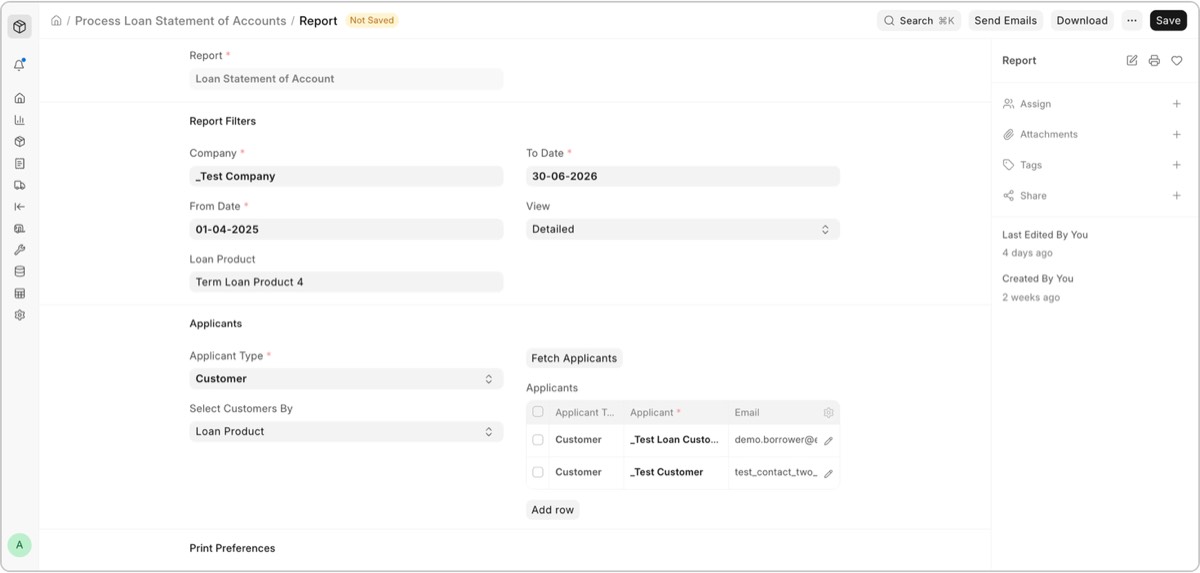 Process Loan Statement of Accounts screen in the LMS